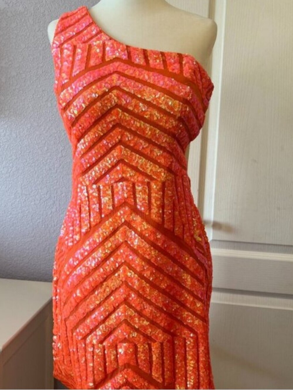 Jovani Neoora Neonorange One-Shoulder Sequin Dress in Bright Orange Size 4
